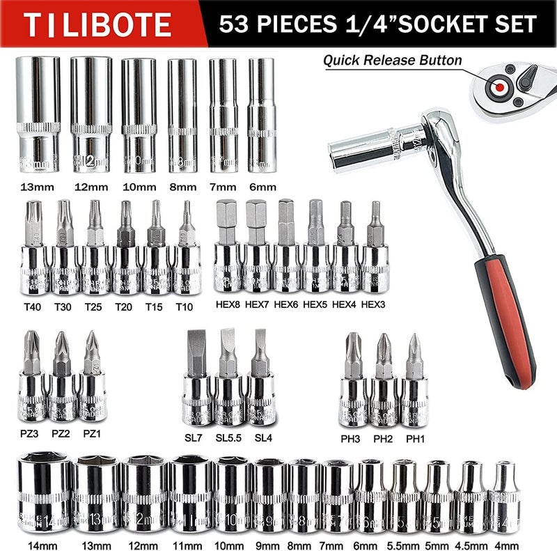 TILIBOTE مجموعة مفاتيح الربط 53 قطعة 1/4 بوصة مجموعة مفاتيح ربط وشريط تمديد Gimbal شريط منزلق تمديد مآخذ مجموعة لإصلاح السيارات والاستخدام المنزلي. - Image 2